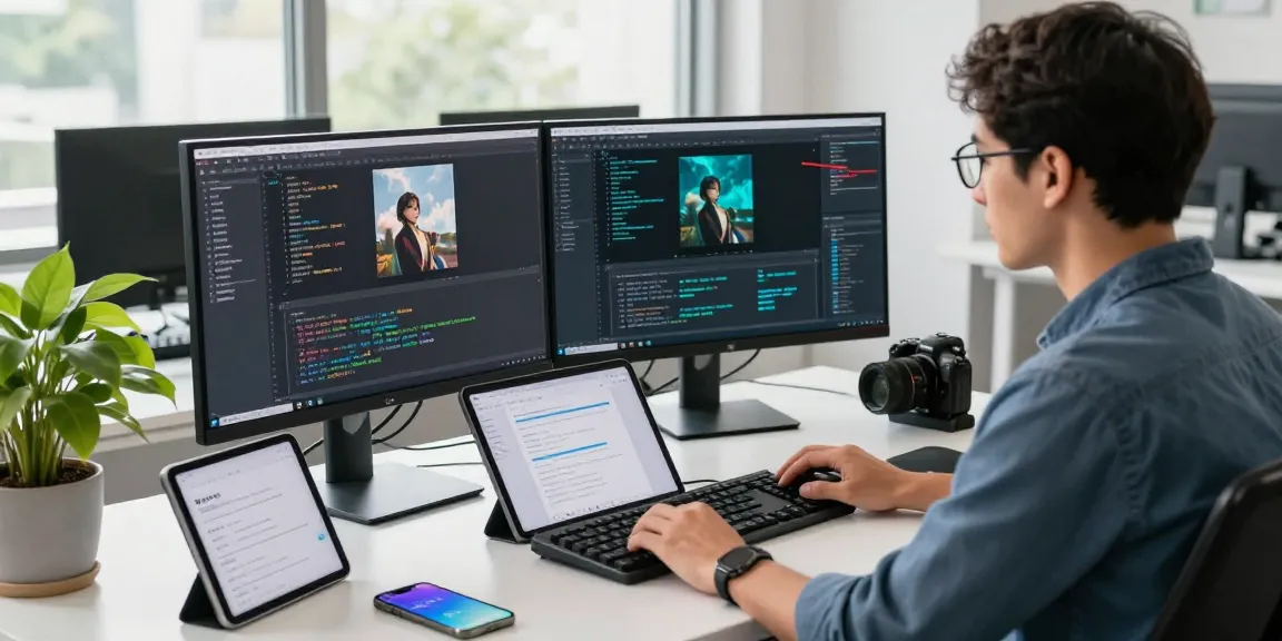 A developer using an ai image checker, coding with dual monitors displaying AI algorithms in a modern tech workspace.