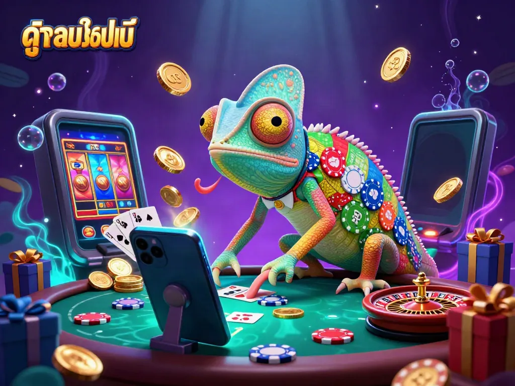 Experience ดูบอลออนไลน์ with a vibrant chameleon casino owner amidst dynamic casino elements.
