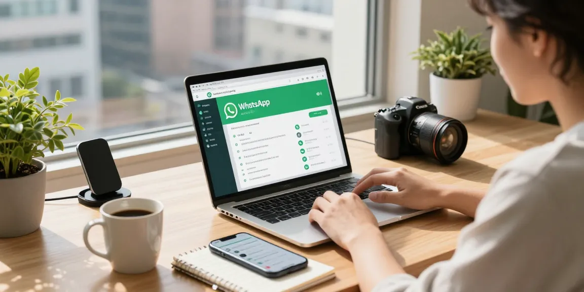 Professional using WhatsApp網頁版 on laptop in a bright modern home office.