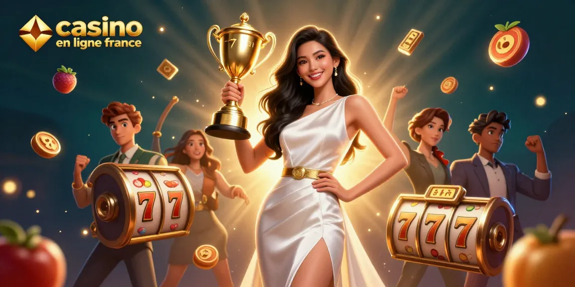 Vivez l'excitation du casino en ligne France avec une femme victorieuse tenant un trophée au milieu de machines à sous dynamiques et d'éléments dorés.