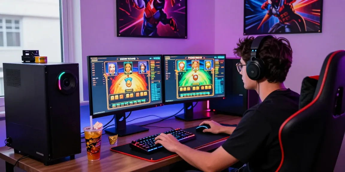 Player enjoying a benihtoto link slot game on dual monitors with vibrant LED lighting in an exciting gaming setup.