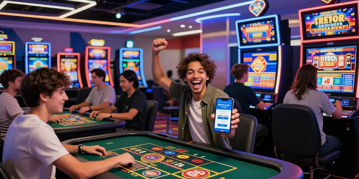 Players enjoying slot depo 5k games in an exciting casino environment, celebrating wins amidst vibrant gaming machines.