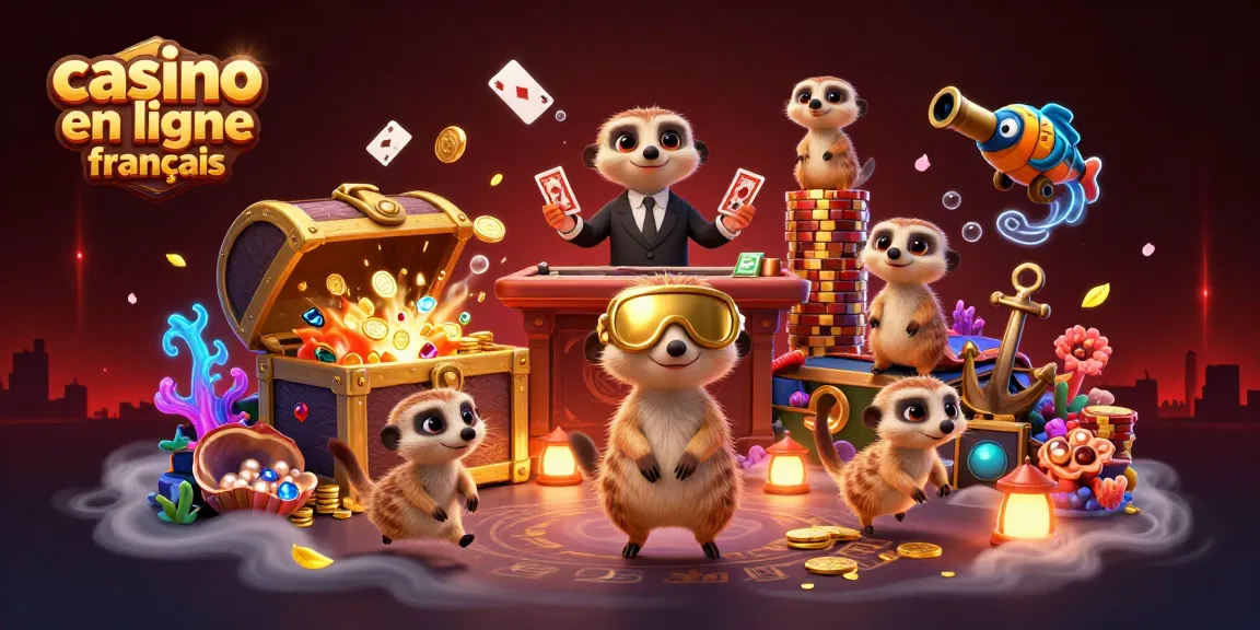 Découvrez une scène animée avec des suricates gérant un casino en ligne français, entourés de trésors et de jeux, pour une expérience captivante.
