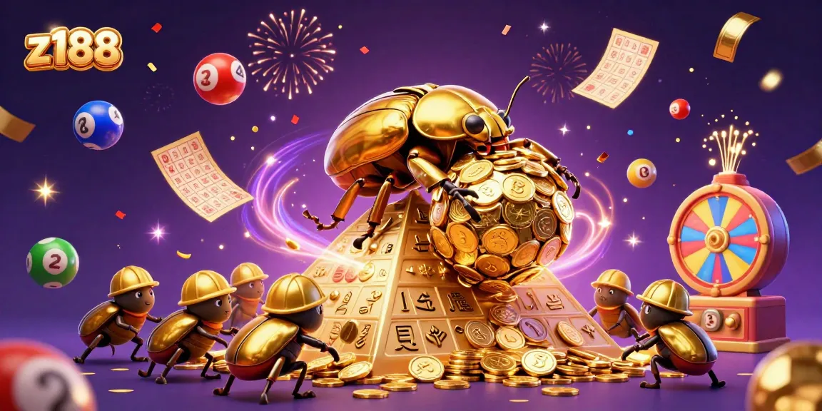 Experience the thrill of z188 casino games with vibrant 3D graphics of a golden beetle and lottery elements.