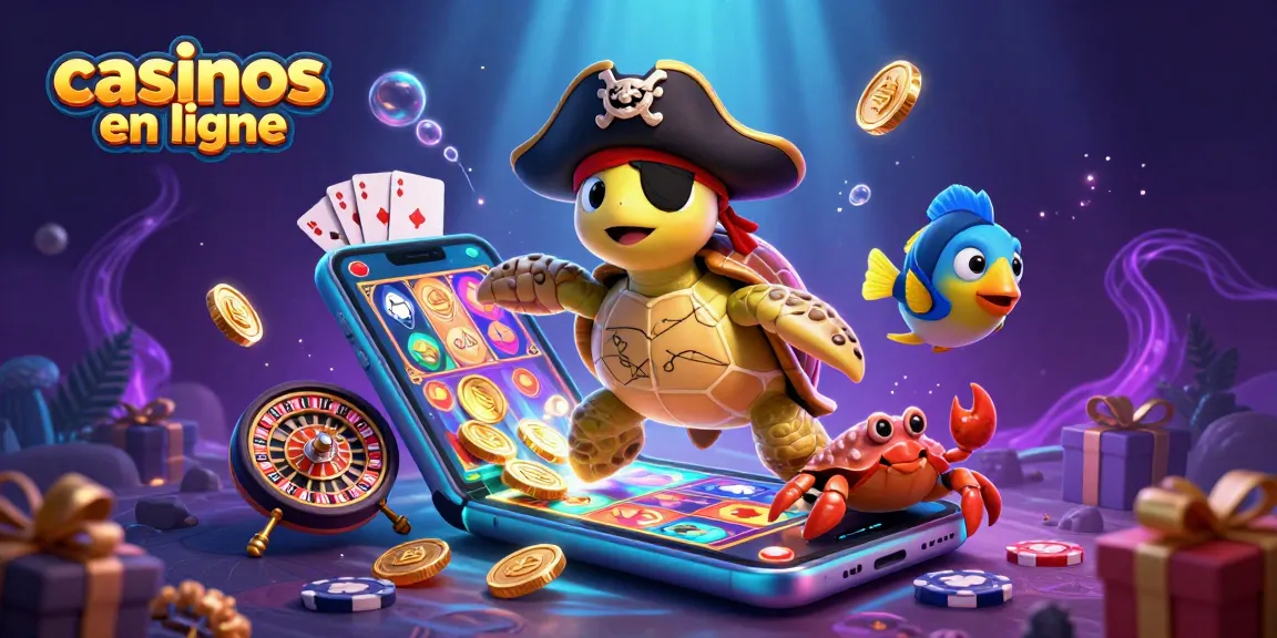 Découvrez des jeux captivants dans les casinos en ligne avec cette scène dynamique de tortue pirate 3D.