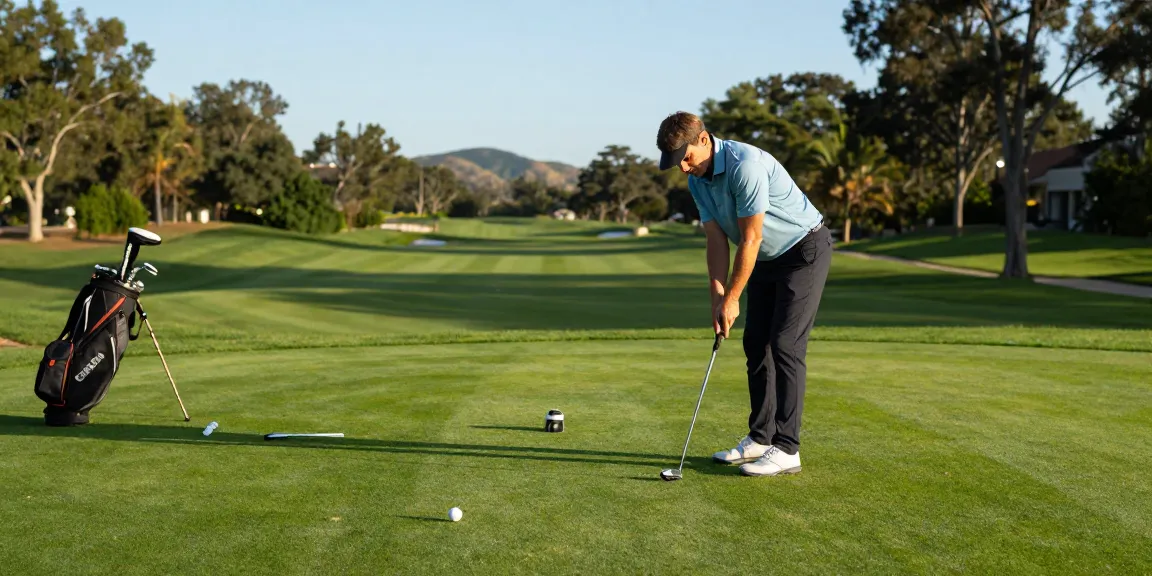 Melihat ulasan dari https://puttperfection.com/putter-reviews pada petak hijau golf dengan pegolf yang sedang berlatih.