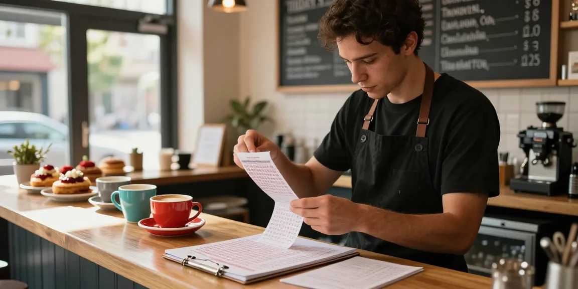 Barista menganalisis nomor rezeki dari struk pembelian sambil dikelilingi kopi dan kue, suasana hangat dan inspiratif.